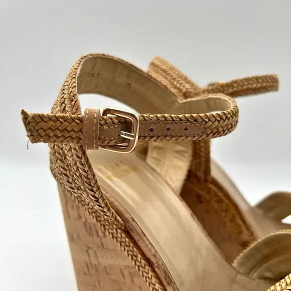Stuart Weitzman Minx Tan Woven Leather Ankle Strap Cork Wedge Sandals Women’s 7 - Picture 7 of 16